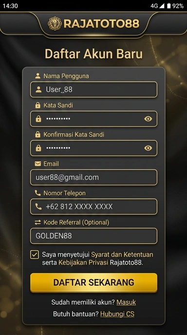 Tampilan halaman daftar rajatoto88